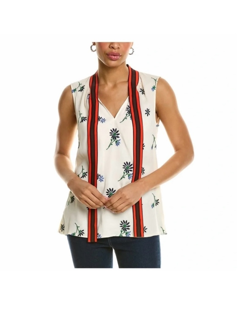 Tory Burch Embroidered Shell Contrast Bow Top Size 12 Ivory Floral - Picture 16 of 16